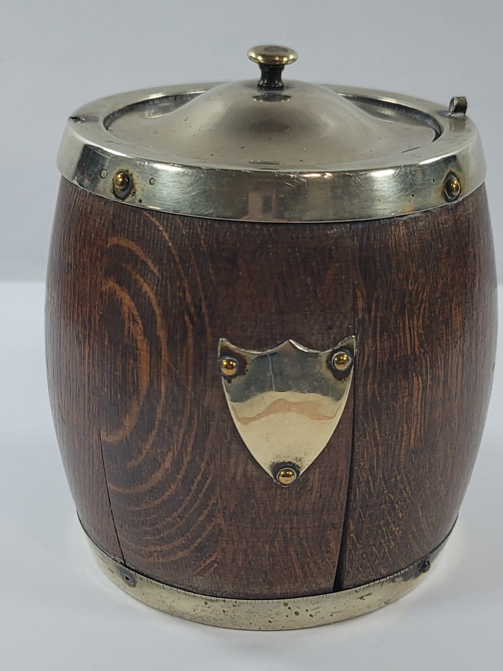Antique English Oak Biscuit Tobacco Barrel Jar